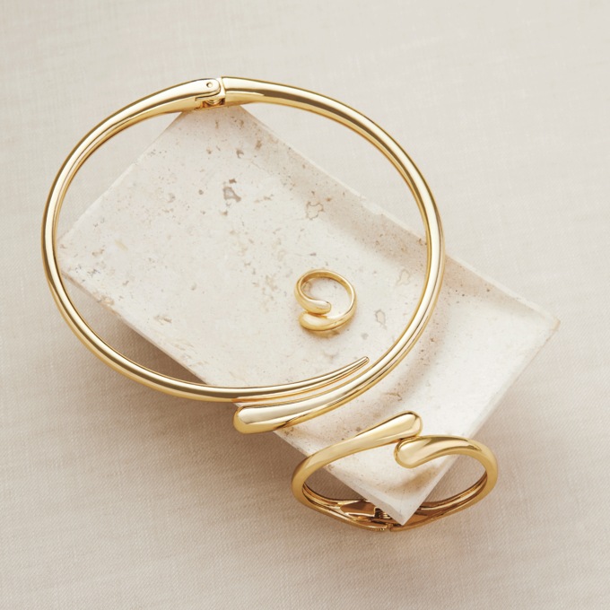 Hinged Choker, Bangle & Ring Set, Goldtone, large