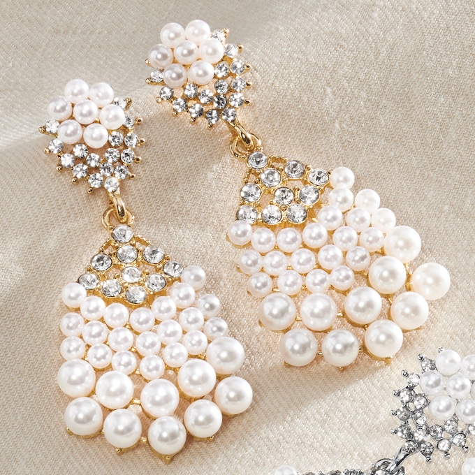 Faux-Pearl/Crystal Cluster Drop Earrings, , large