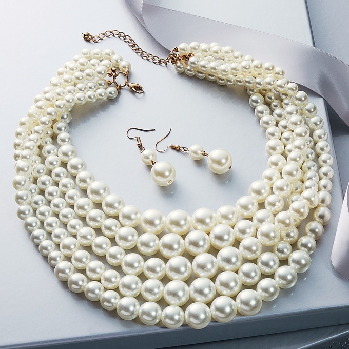 Multi-Strand Bead Necklace and Earring Set, , large