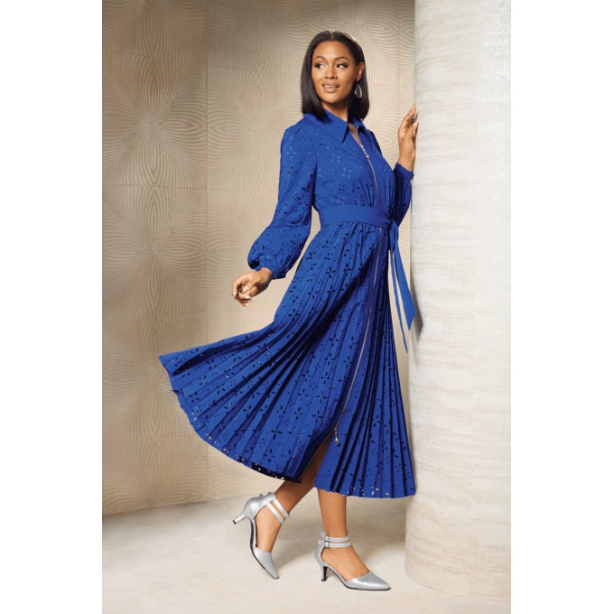 Debanhi Laser-Cut Eyelet Fit-and-Flare Pleated Maxi Dress, , large