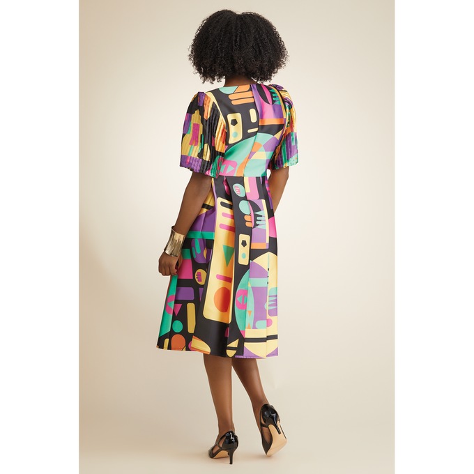 Farida Pleated Sleeve Fit-and-Flare Dress, , large