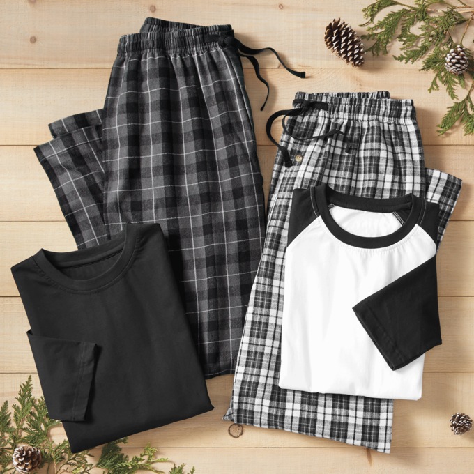 4-Piece Men’s Gray/Black PJ Set with Cotton Knit Tops and Plaid Flannel Pants, , large