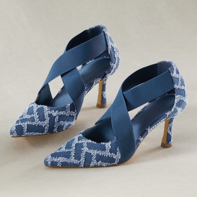 Patchwork Denim Pump with 3" Heel and Memory Foam Footbed, , large