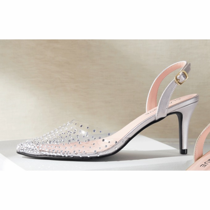 Classique Rhinestone Vinyl Halter Pump with Clear Lucite Heel and Adjustable Strap, Silver, large