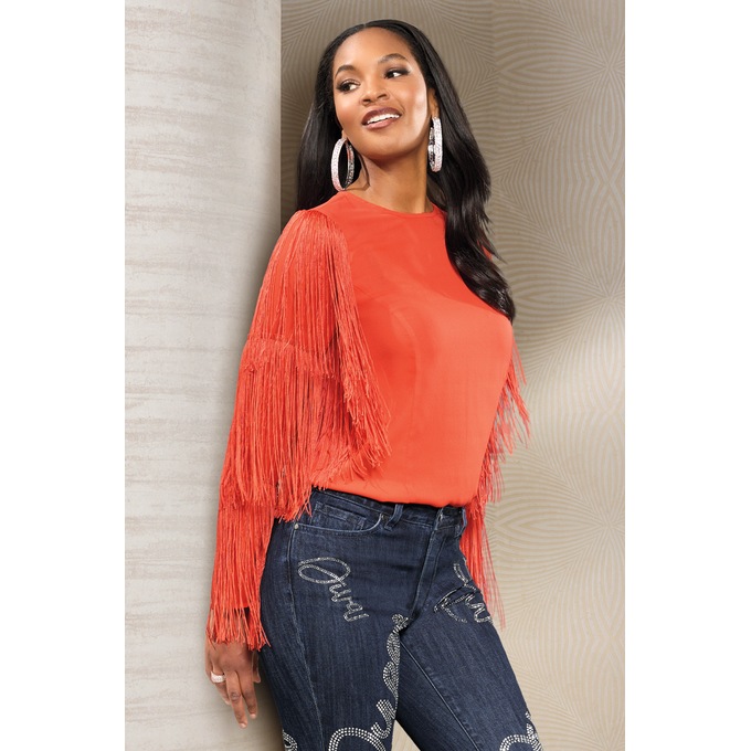Saleema Blouse with Long Fringed Statement Sleeves, , large