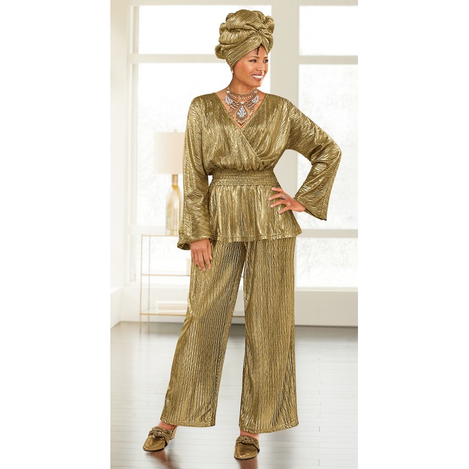 Chavah Foil-Print Top and Pant, Turban, Jewelry Set and Mule, , large