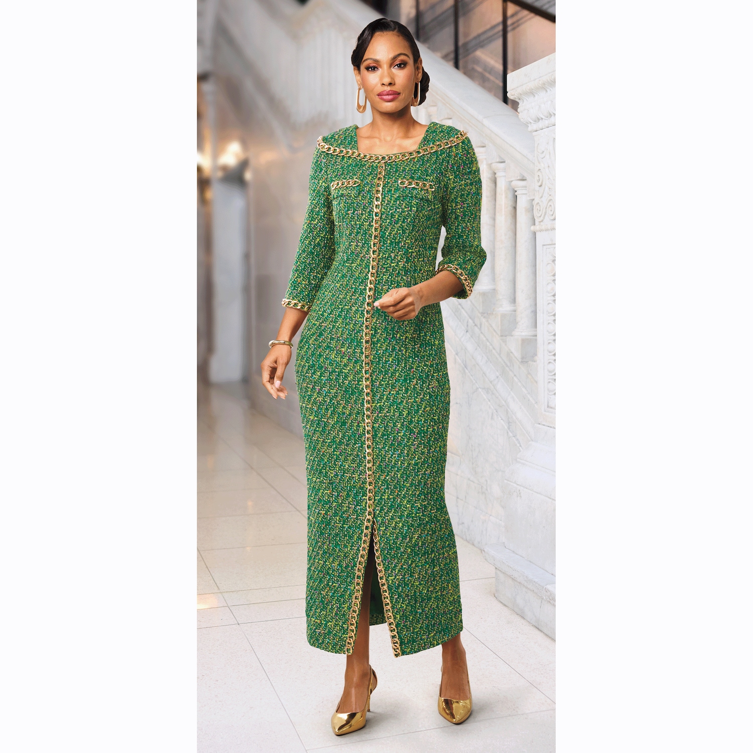 Off-the-Chain Metallic Tweed Women's Maxi Dress with Metal Chain Trim |  ASHRO