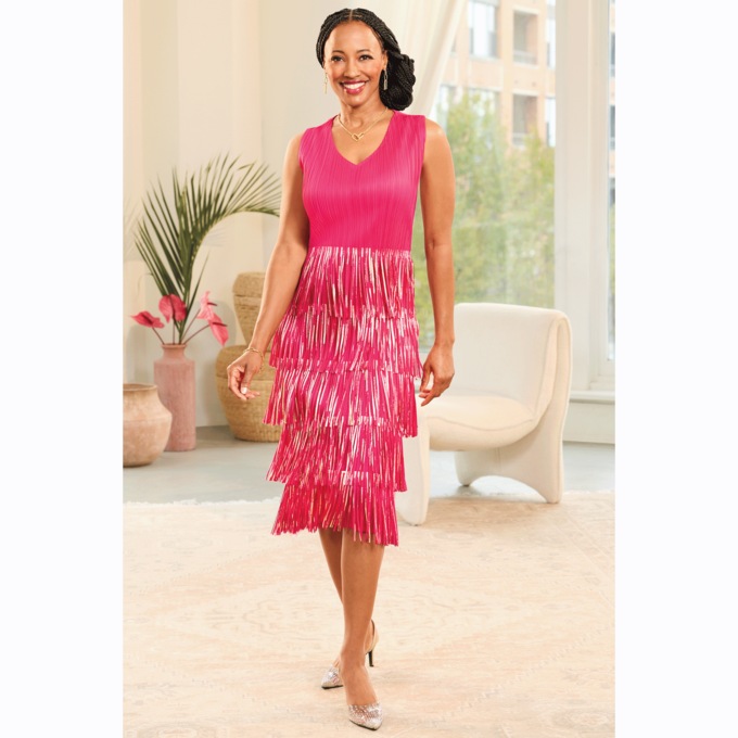 Kimila Metallic-Fringe Women&rsquo;s Jacket Dress in Pleated Plisse, , large