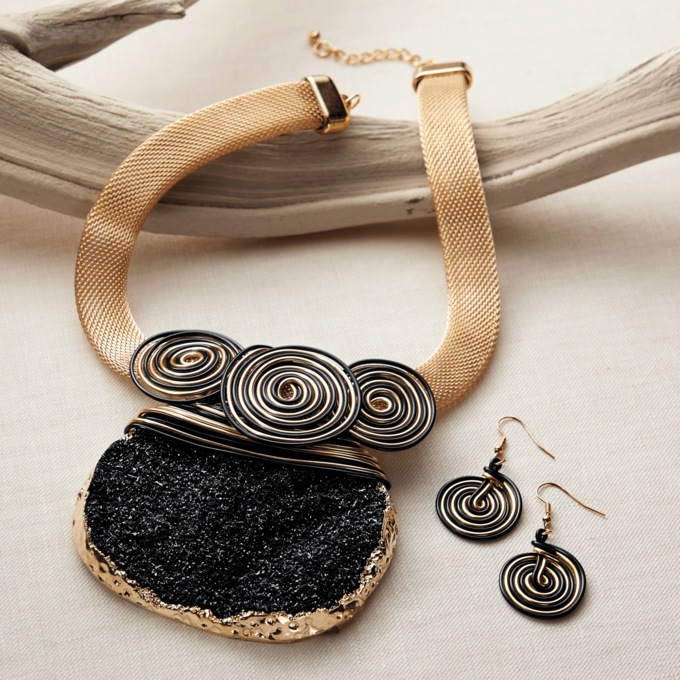 Amara Wire Necklace & Earring Set, Black Goldtone, large