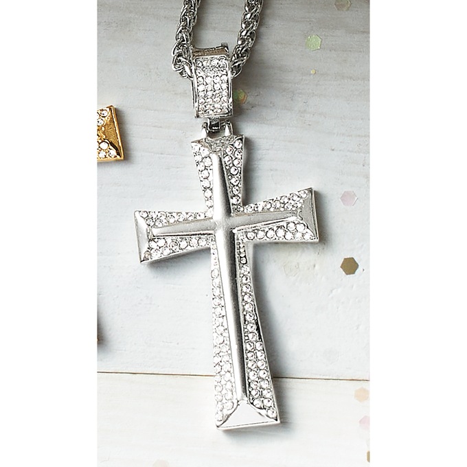 Men's Crystal Cross Pendant, Silvertone, large