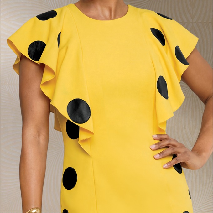 Faux-Leather Polka-Dot Trimmed Midi Sheath Dress with Shoulder Ruffle, , large