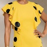 Faux-Leather Polka-Dot Trimmed Midi Sheath Dress with Shoulder Ruffle, , large