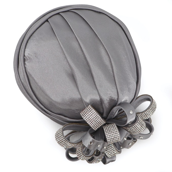 Embellished Satin Flower Turban, Silver, large
