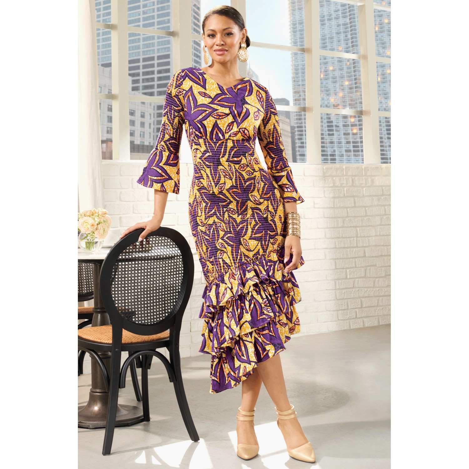 Janaya Smocked-Waist Fit-And-Flare Dress With Asymmetrical Ruffles, Size M, Golden Bloom Purple Multi, Misses