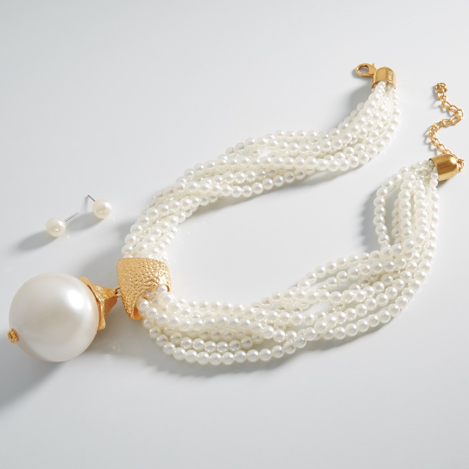 Faux-pearl Drop Multi-strand Necklace And Earring Set, Faux Pearl, large
