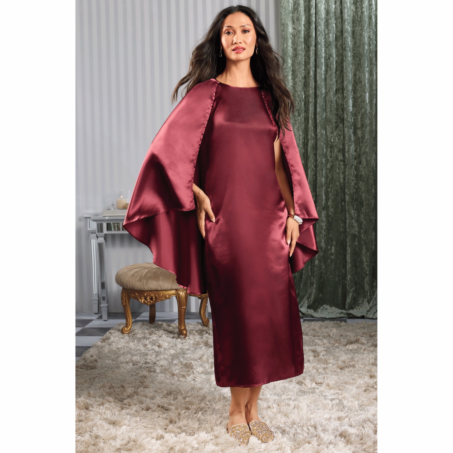 green emerald velvet dress Chiffon Flowy Ruffle Robe
