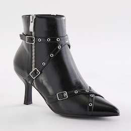 Stud &amp; Buckle Faux Leather Bootie for Women with Grommet Straps and 2.75&quot; Heel, , large