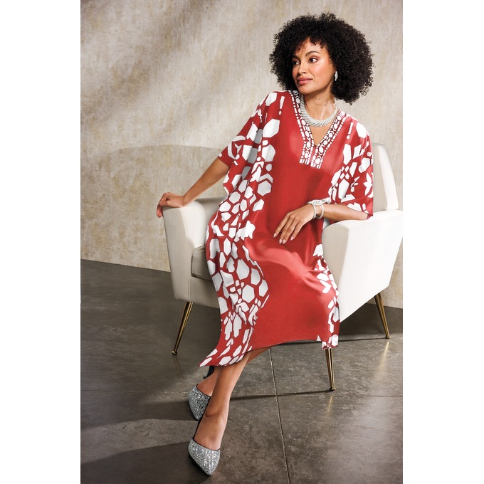 Daisha Short Caftan with V-Neckline and Colorblocking , Spicy Red Multi, large