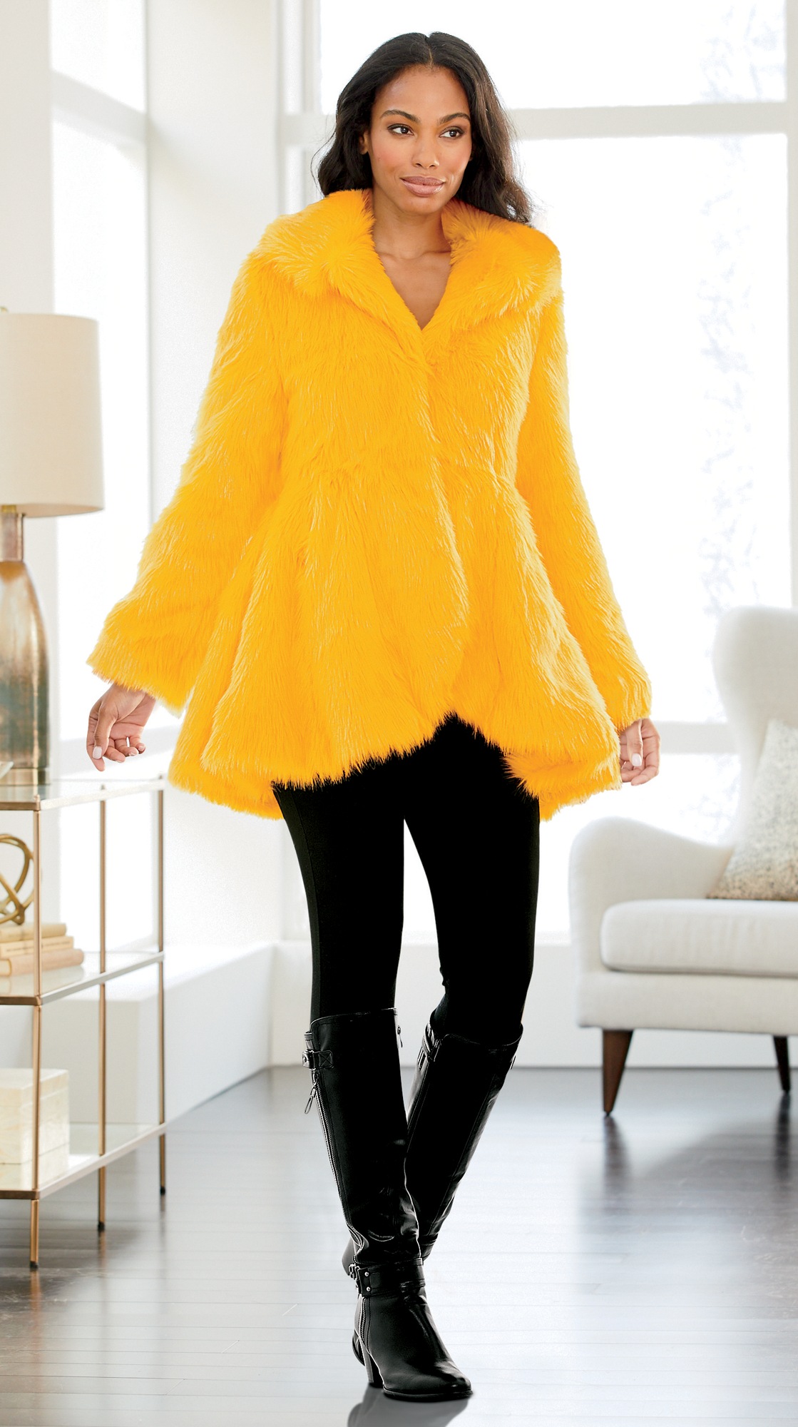 mustard fur coat