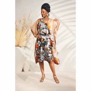 Serwa Short Afrocentric Caftan with African Woman Graphic and V-Neck, , large