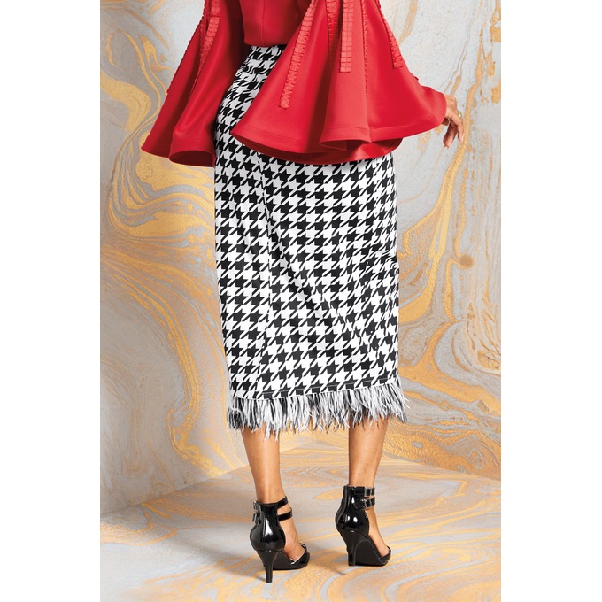 Hudson Houndstooth Midi Pencil Skirt with Feather Trim, , large