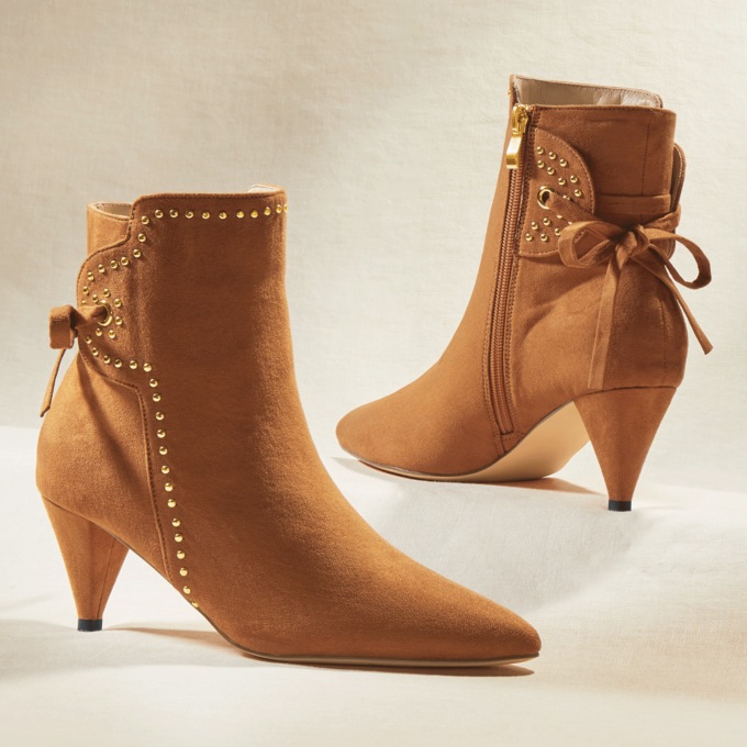 Studded Faux-Suede Bootie for Women with Decorative Tie and 2.5” Cone Heel, , large