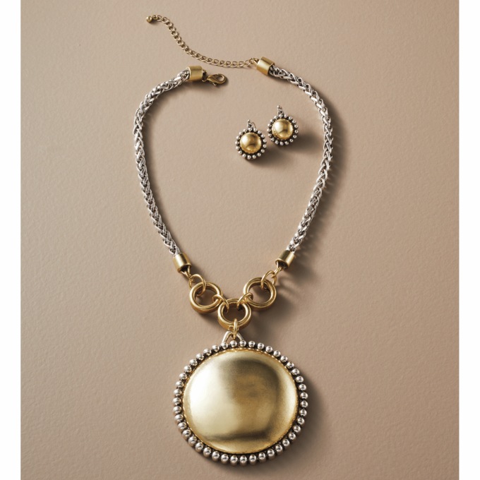Two-Tone Disc/Bead Necklace & Earring Set, , large