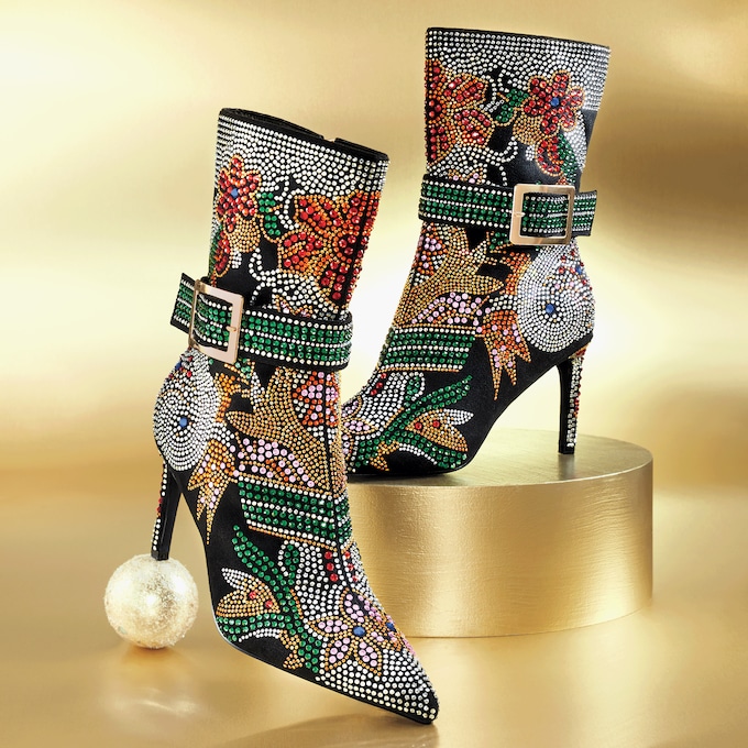 Azalea Wang Aziza3 Rhinestone Buckle Bootie for Women with 3.5" Stiletto Heel, , large