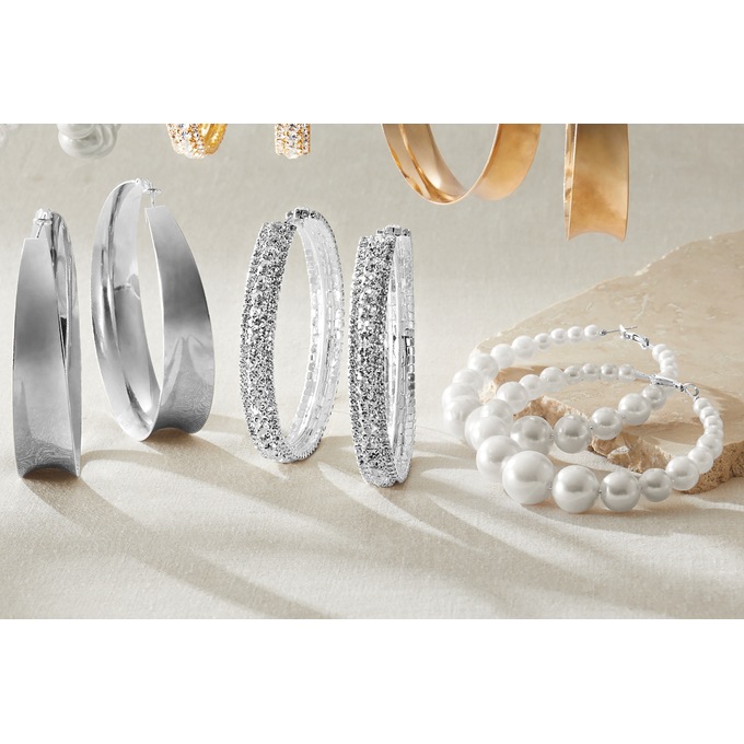 3-Pair Hoop Set , Silvertone, large