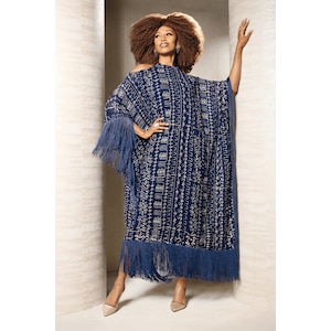 Alexandra Fringed, Cold-Shoulder Caftan for Women in Embroidered Mesh, Navy Metallic, large