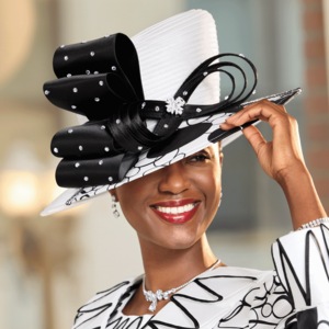 Danasia Hat with Print-Topped Brim and Rhinestone-Accented Bows, Black White Multi, large