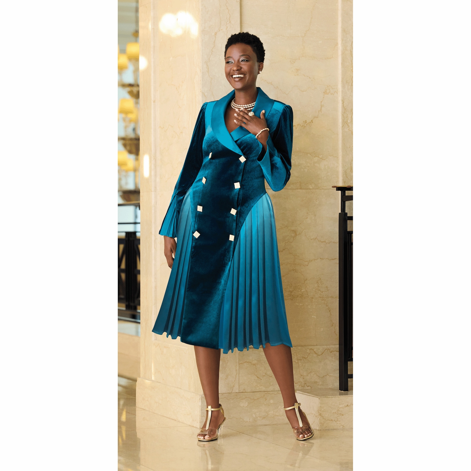 Claudine Women's Velvet Dress with Satin Pleats and Rhinestone Buttons