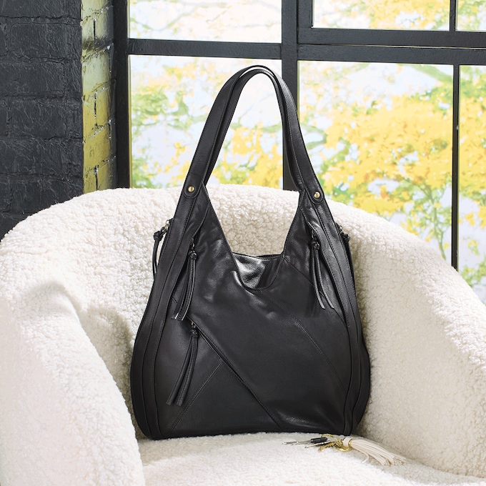 Leather Zippered Tote, Black, large