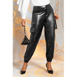 Faux-Leather Grommet Jogger with Cargo Pockets and Elastic Cuffs, , large