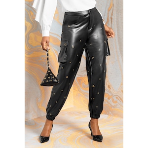 Faux-Leather Grommet Jogger with Cargo Pockets and Elastic Cuffs, , large