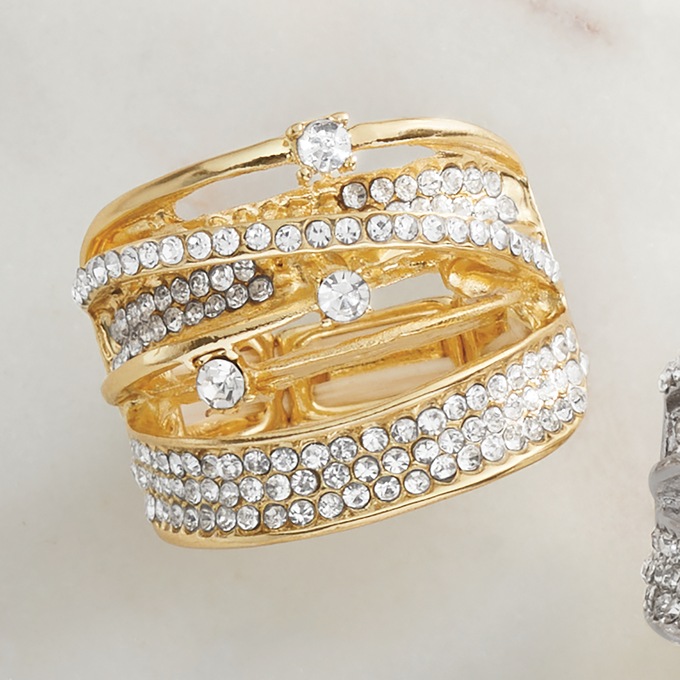 Orbit/Stone Stretch Ring, Goldtone Crystal, large