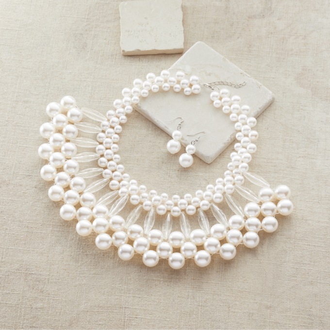 Faux-Pearl & Bead Collar and Earring Set, , large