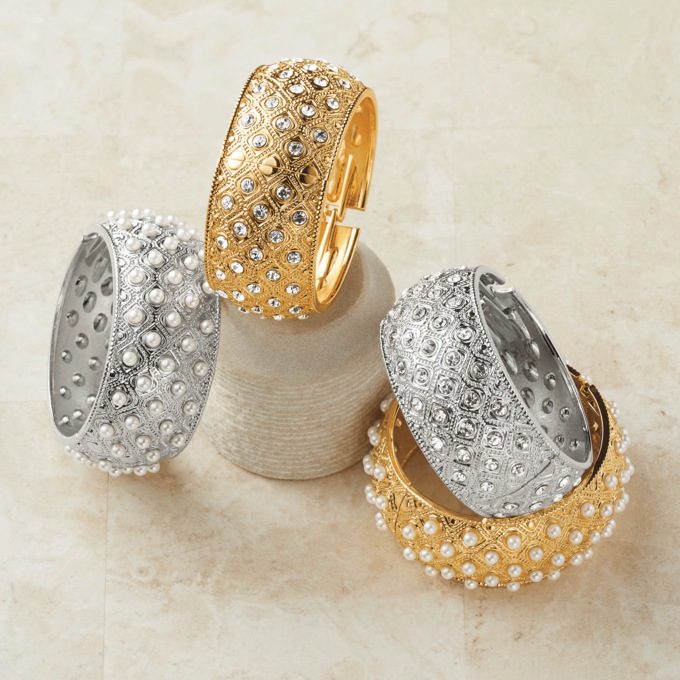 Jeweled Quilt-Pattern Hinged Bangle, , large