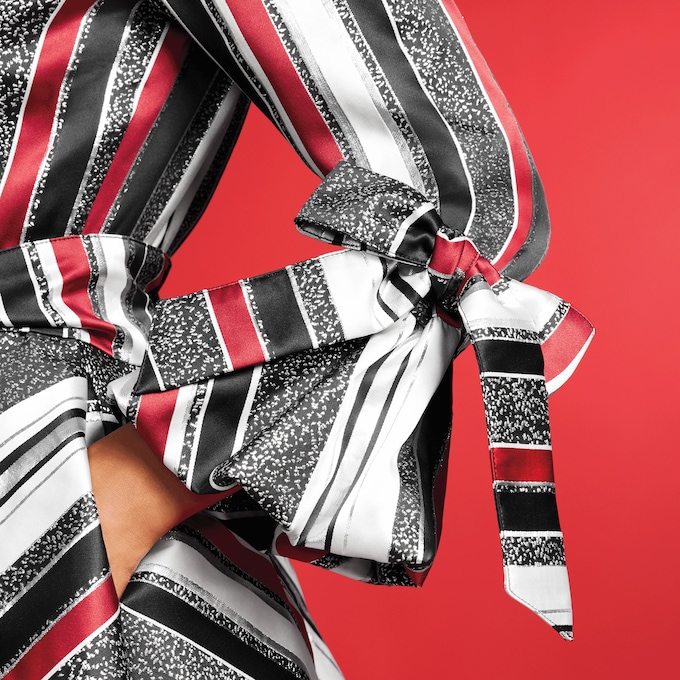 Thressa Bubble-Hem A-Line Dress with Double-Collar, Bows and Bold Stripes, , large