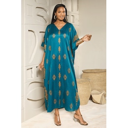 Amani Long Satin Caftan with Filigree Print, , large