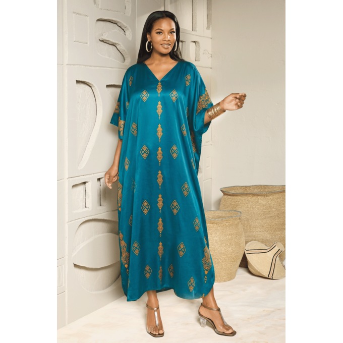 Amani Long Satin Caftan with Filigree Print, Green, large