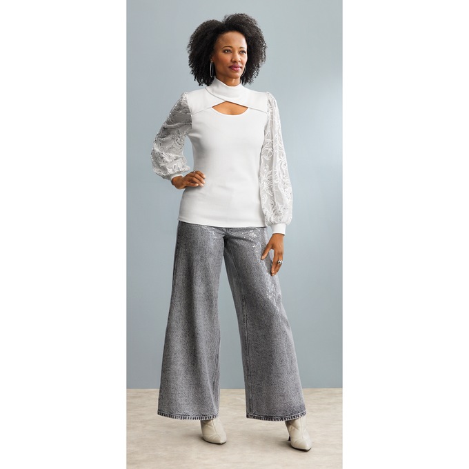 Destiny Lace Knit Top and Latina Sequin Wide Leg Jean, , large