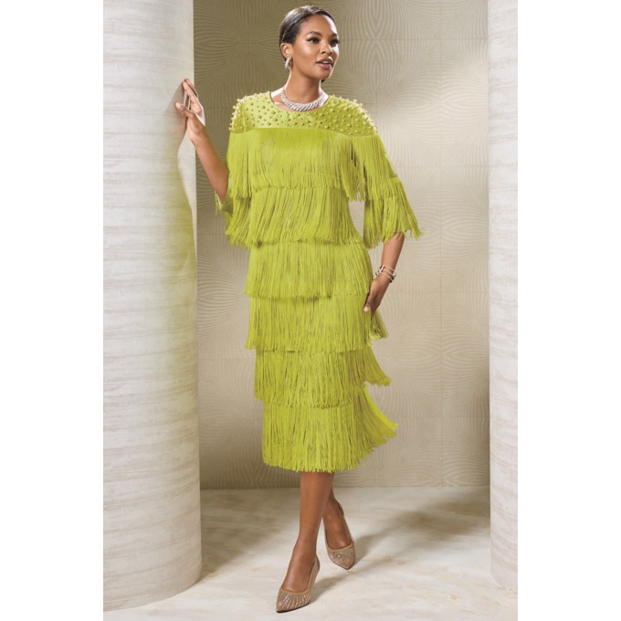 Maizie Tiered-Fringe Bead-Embellished Midi Sheath Dress, , large