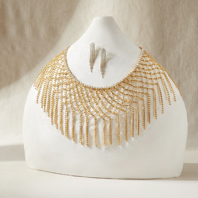 Crystal Open Weave/Fringe Necklace, , large