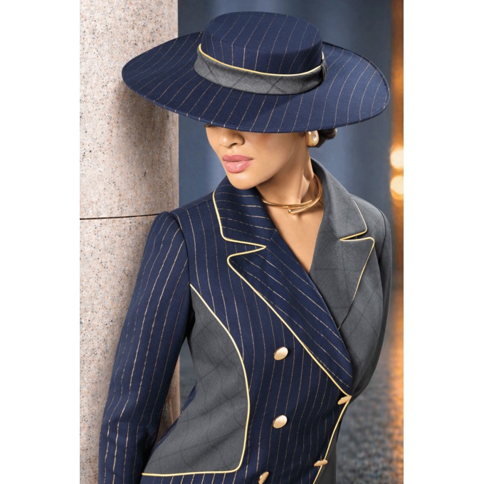 Julea Wide-Brim Pinstripe Hat with Contrast Band, Navy Gray Multi, large