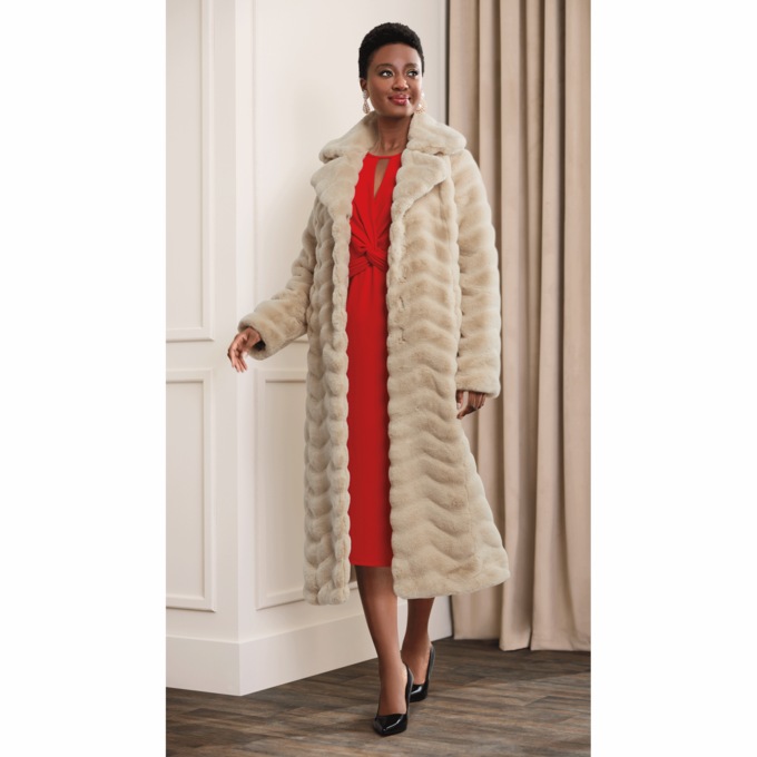 Long Faux-Fur Mink Coat, Camel, large