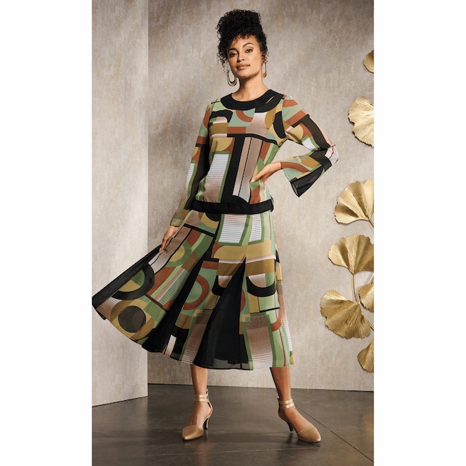 Shani Body-Skimming Georgette Top in Geometric Print with Flared Sleeves, , large