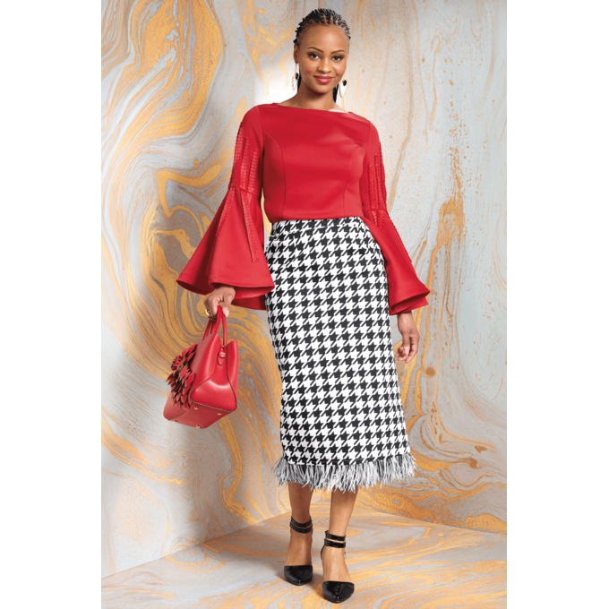 Hudson Houndstooth Midi Pencil Skirt with Feather Trim, , large