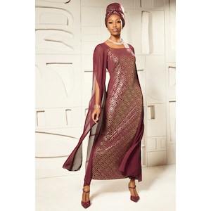 Foil-Print Goddess Bodycon Maxi Dress with Sheer Cape Panels, , large
