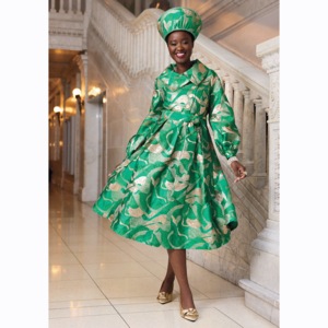 Kelcia Fit-and-Flare Jacquard Dress with Balloon Sleeves and Statement Collar, , large